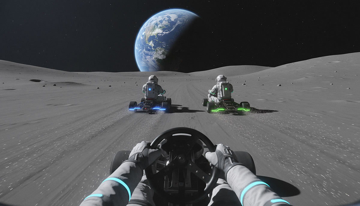 Crew racing lunar rovers toward a solar field at sunrise with Earth on the horizon