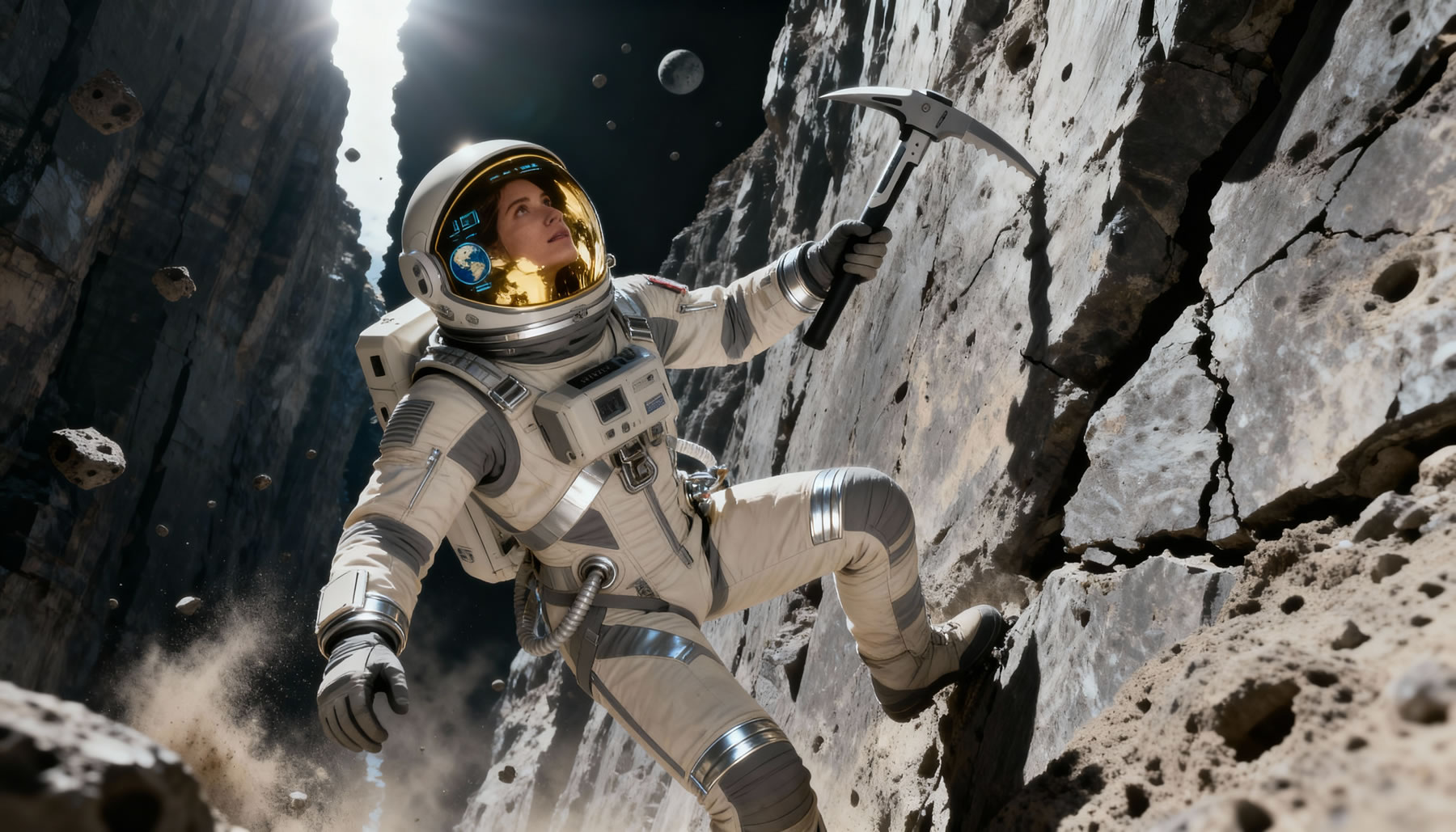 Astronaut on a rocky slope performing a tethered repair on external hardware