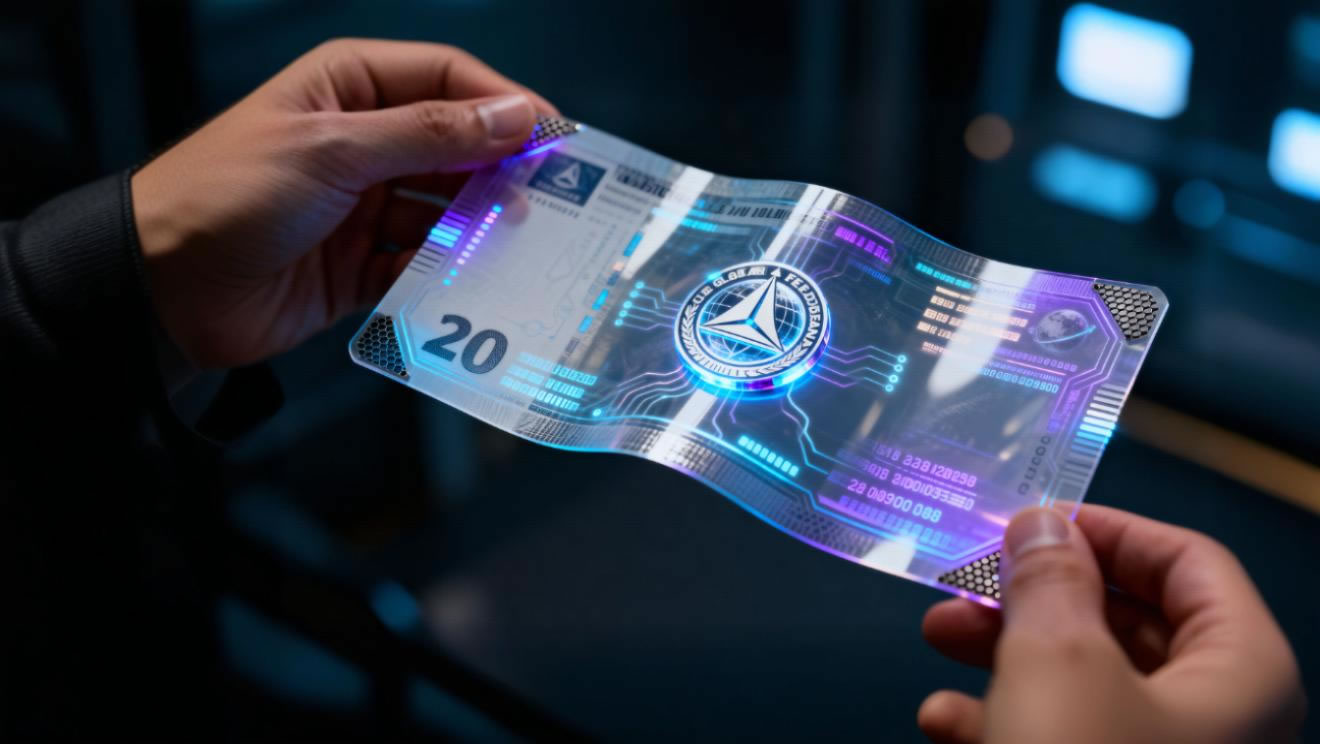 Hand holding a luminous holographic banknote with Moonvival insignia