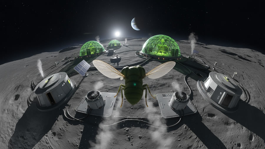 Lunar outpost and array modules under the star field during a night inspection
