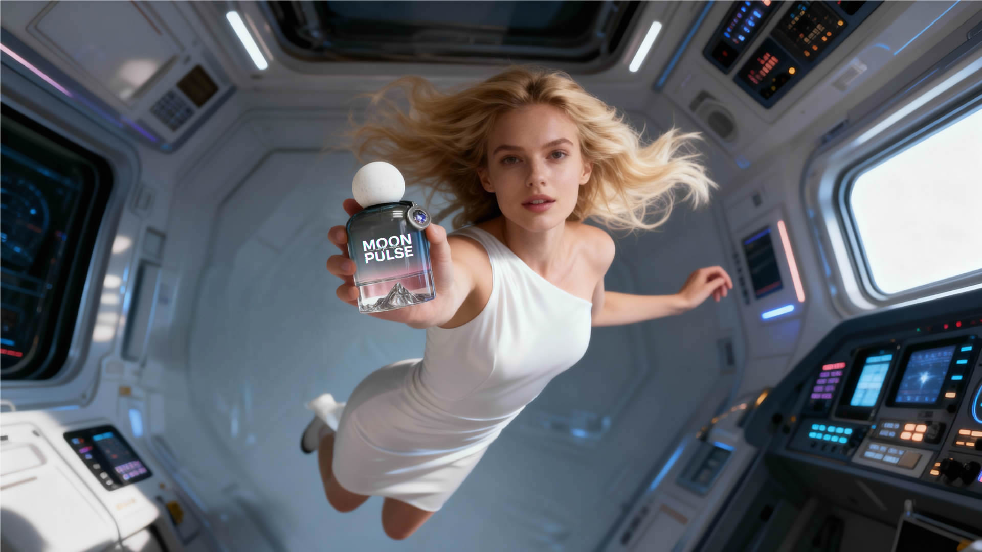 Astronaut presenting Moonvival resource canister during a live promo inside the habitat