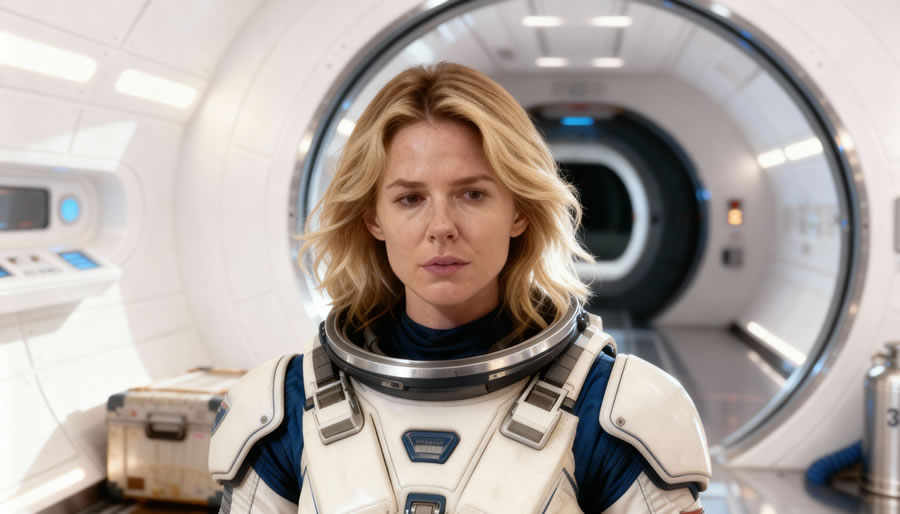 Pilota con traje espacial en cabina